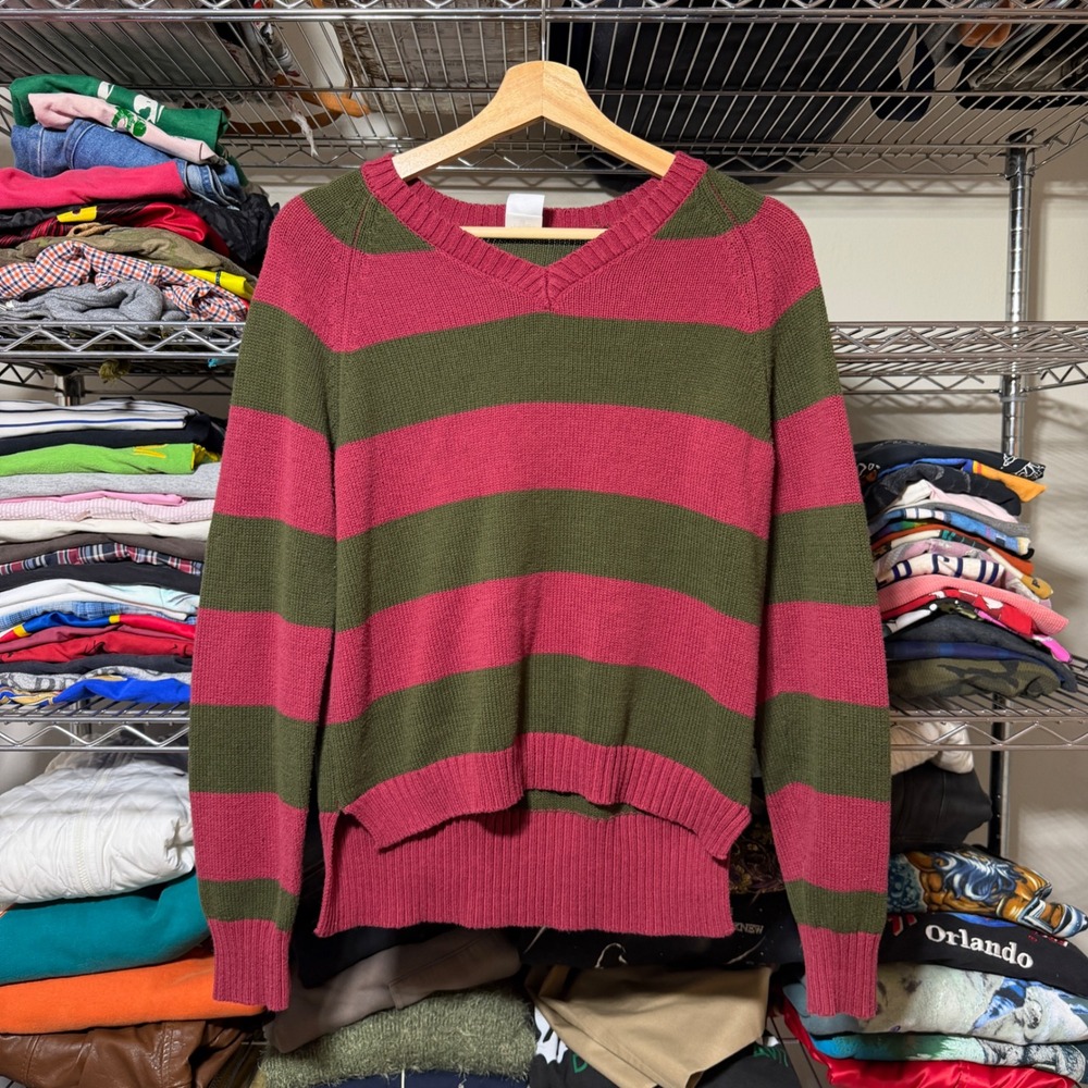 Nightmare On Elm Street Sweater Unisex M Red Green Freddy Krueger Striped V-Neck